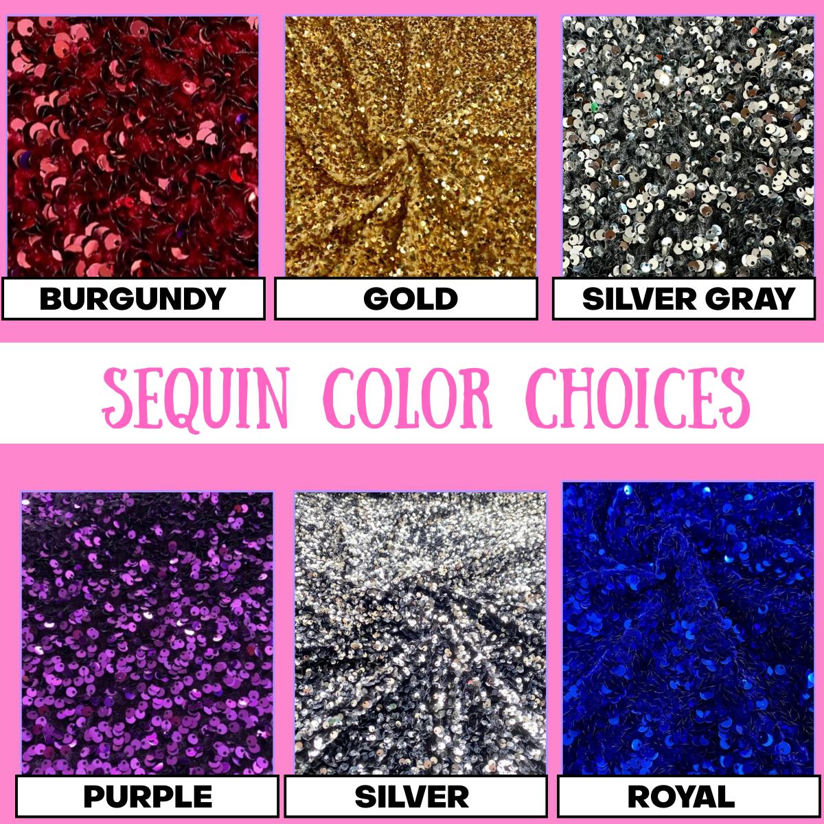 Sequin fabric color choices burgundy,gold,silver gray,purple,silver, royal blue