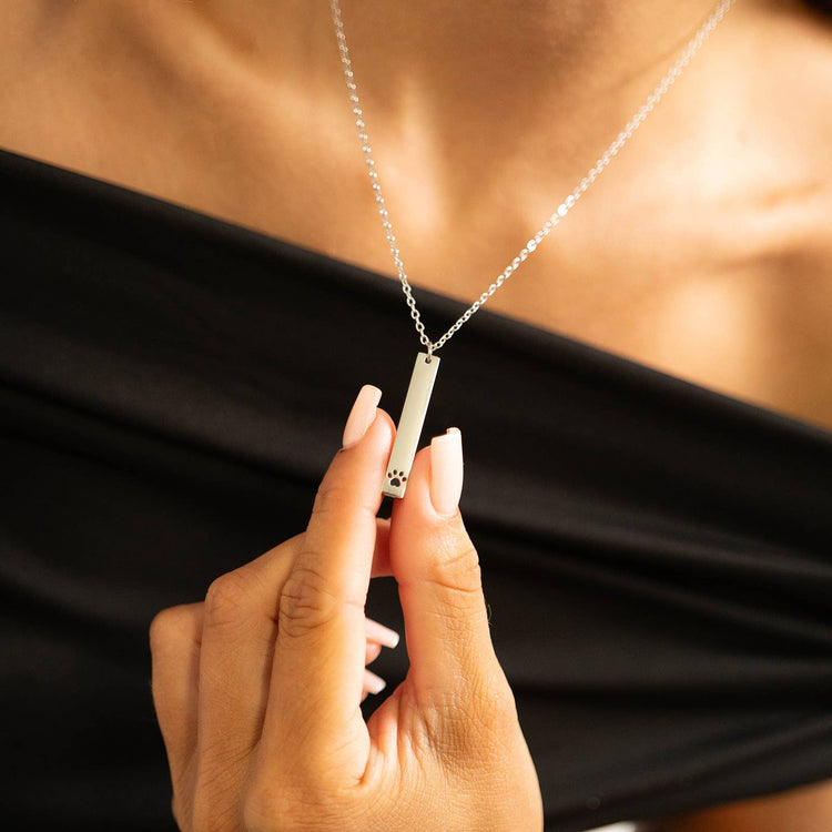 Paw Print Cutout Vertical Stainless Steel Bar Necklace